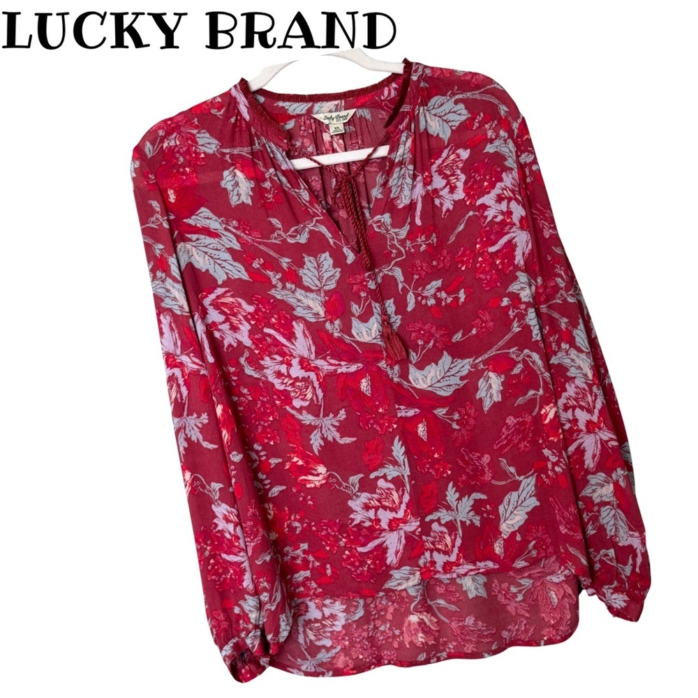 Lucky Brand Red Gray Floral Boho Peasant Blouse Women’s‎ Top
